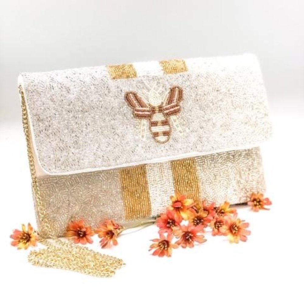 White Bee Beaded Bag
